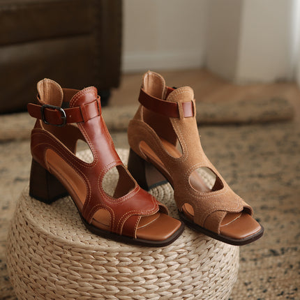 Sandales gladiateur à talons hauts – Chaussures à boucle à bout ouvert en cuir véritable pour femmes