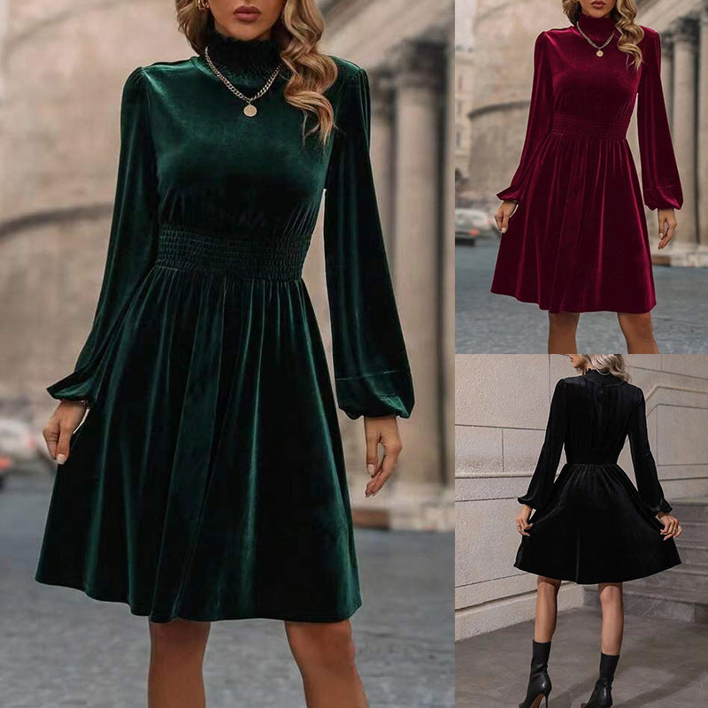 Graceful Stand Collar Solid Color Velvet Long Sleeve Dress