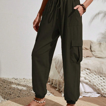 Nouvelle salopette à cordon de serrage avec poches, pantalon d'été cool, décontracté, polyvalent, couleur unie, pantalon skinny, vêtements pour femmes