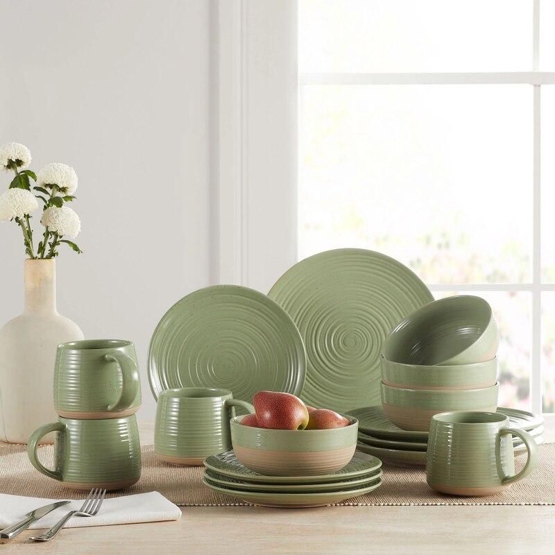 16-Piece Sage Green Artisanal Stoneware Dinnerware Set