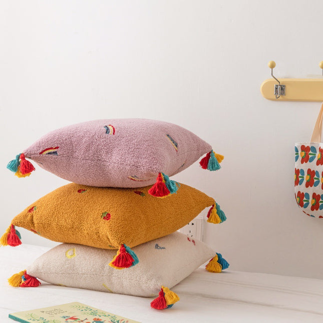 Teddy Velvet Embroidered Tassel Comfortable Soft Pillow - Wnkrs