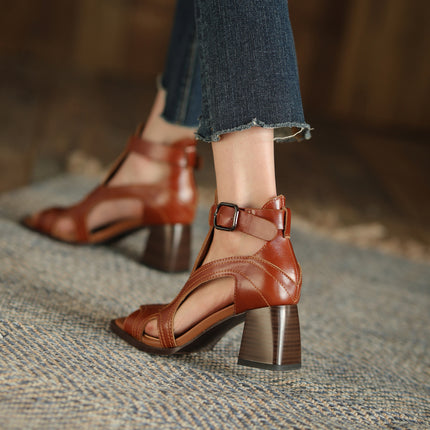 Sandales gladiateur à talons hauts – Chaussures à boucle à bout ouvert en cuir véritable pour femmes