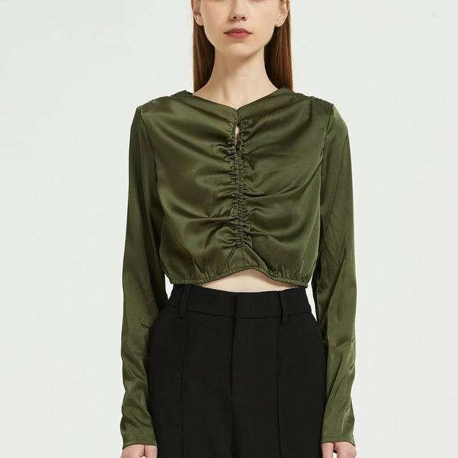 Elegant Green Silk Chiffon Long Sleeve Blouse - Wnkrs
