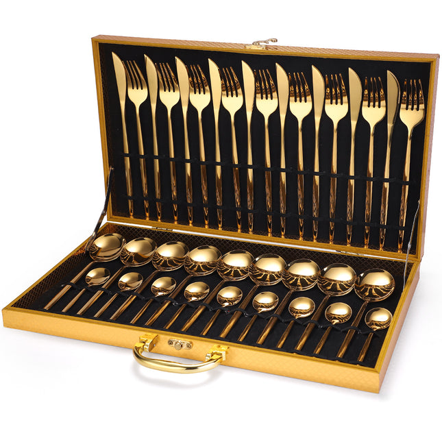 36-piece Stainless Steel Tableware Wooden Box Gift Box Set - Wnkrs
