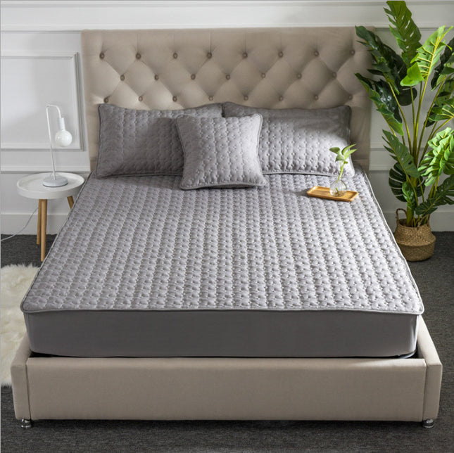 Solid Color Bed Sheet One-piece Cotton Bedspread Quilted Non-slip Mattress Cover Thick Simmons Protective Cover - Wnkrs