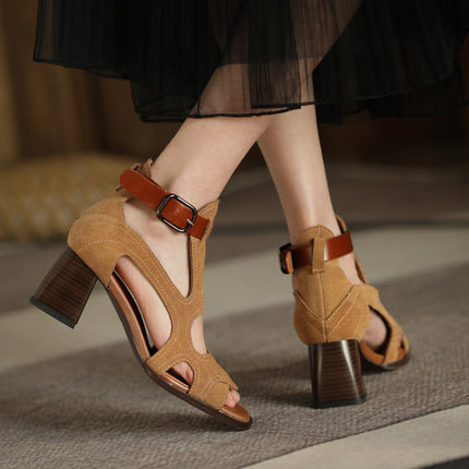 Sandales gladiateur à talons hauts – Chaussures à boucle à bout ouvert en cuir véritable pour femmes