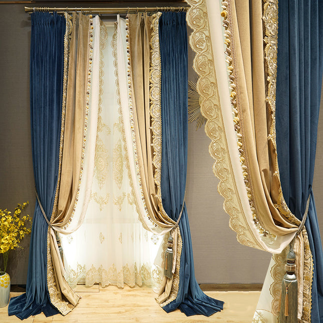 Light Luxury Stitching Dark Blue Velvet Cloth Bedroom Water-soluble Embroidered Curtain - Wnkrs