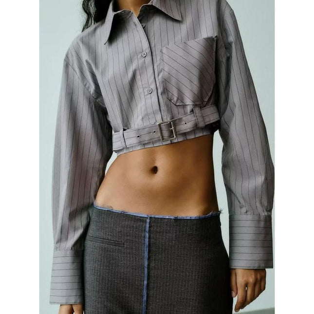 Elegant Spliced Belt Long Sleeve Casual Shirt for Women - Wnkrs