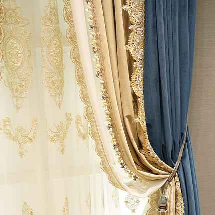 Light Luxury Stitching Dark Blue Velvet Cloth Bedroom Water-soluble Embroidered Curtain - Wnkrs