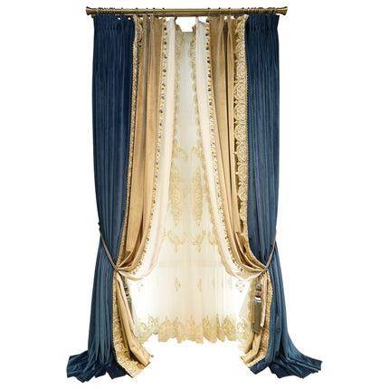 Light Luxury Stitching Dark Blue Velvet Cloth Bedroom Water-soluble Embroidered Curtain - Wnkrs