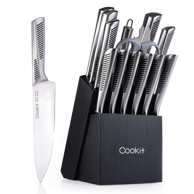Kitchen Knife Set, 15 Piece Knife Sets with Block, Chef Knives with Non-Slip German Stainless Steel Hollow Handle Cutlery Set with Multifunctional Scissors Knife Sharpener  Amazon Platform Banned - Wnkrs