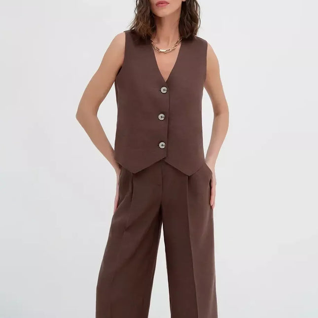 Cotton-Linen Blend Sleeveless Vest & Wide-Leg Pants Set