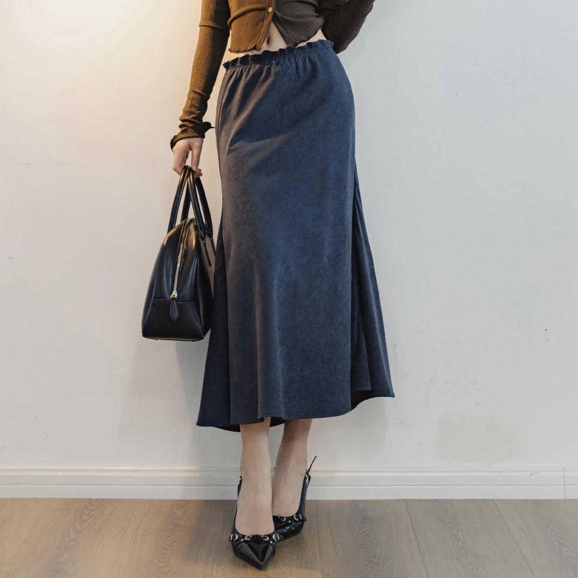 Navy Blue Velvet A-Line Skirt