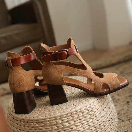 Sandales gladiateur à talons hauts – Chaussures à boucle à bout ouvert en cuir véritable pour femmes