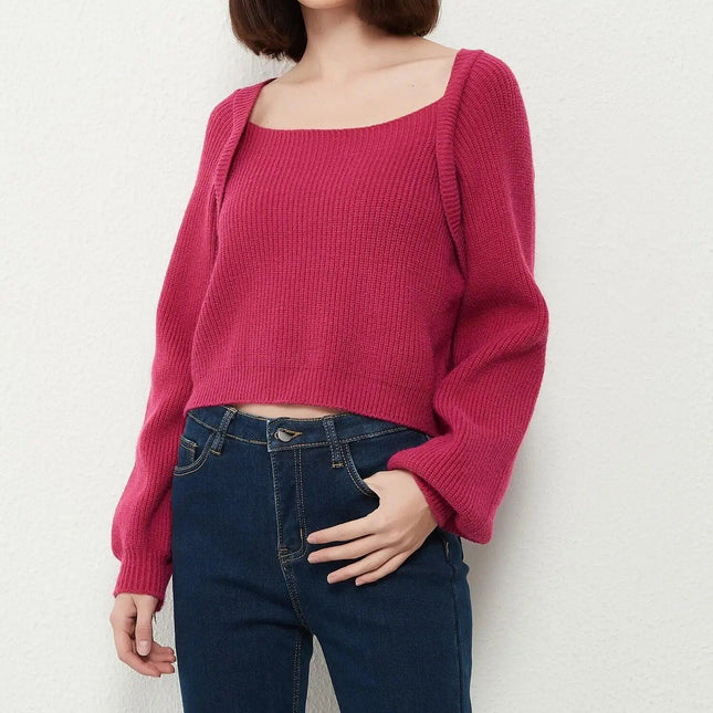 Square Collar Cotton Knit Sweater