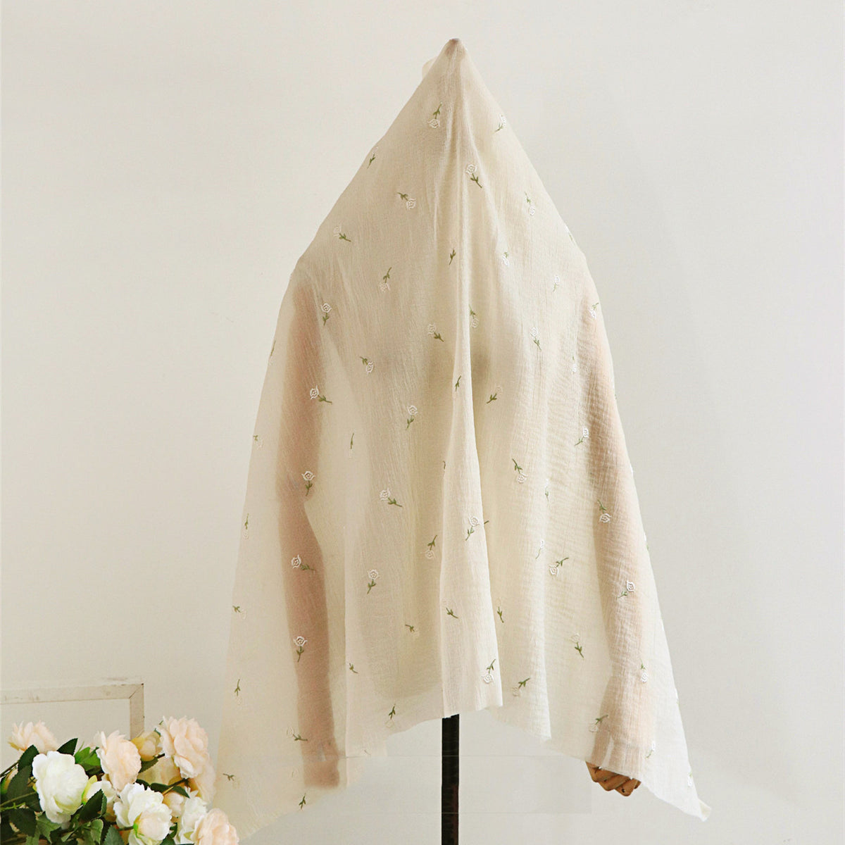 New Silk Crinkled Rose Embroidered Beige Fabric