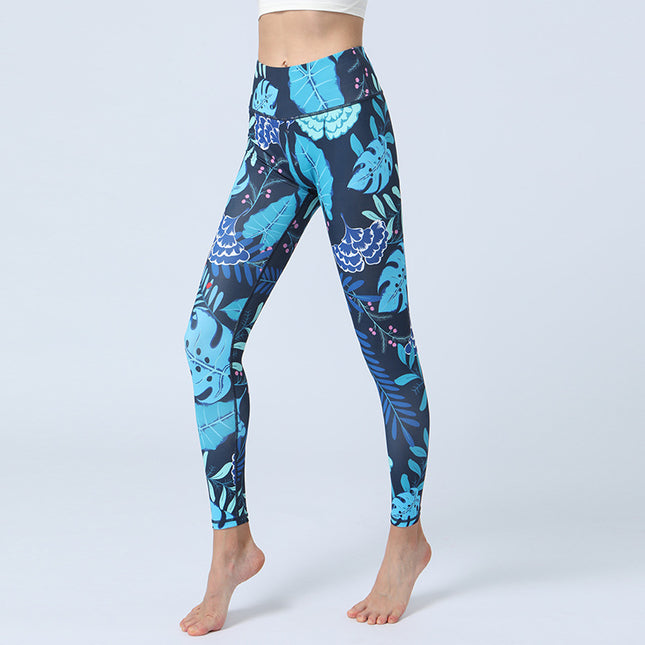 Fashion Leaves Printed Yoga Pants Women's High Waist Hip Lifting Sports Fitness Leggings - Wnkrs