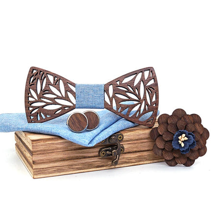 Men's Wooden Bow Tie, Handkerchief, Cufflinks and Brooch Set - Wnkrs