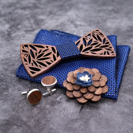 Men's Wooden Bow Tie, Handkerchief, Cufflinks and Brooch Set - Wnkrs