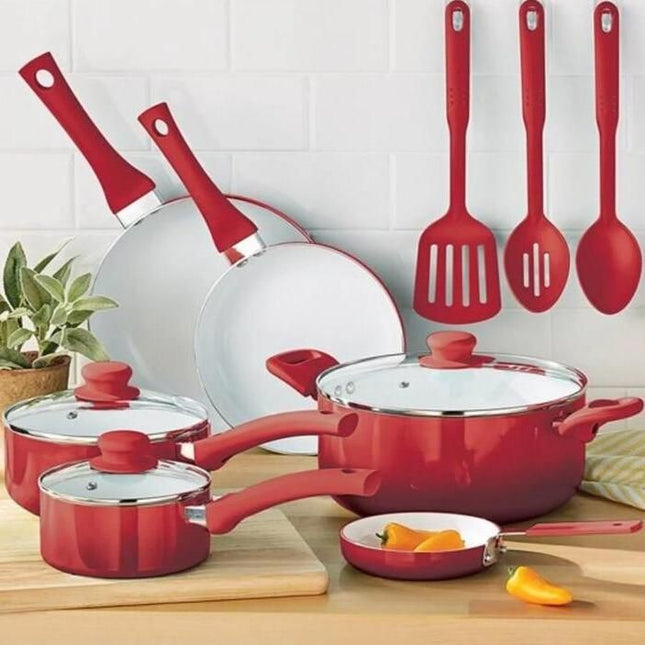 12-Piece Red Ombre Ceramic Nonstick Cookware Set - Wnkrs