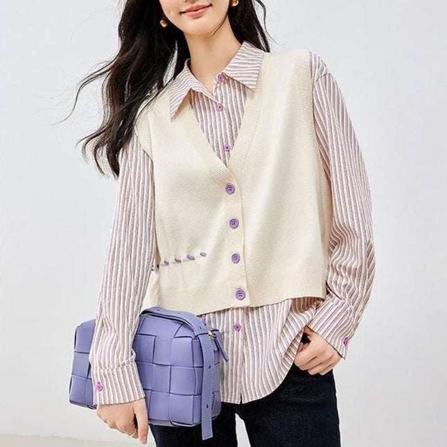 Autumn Long Sleeve Polo Neck Casual Stripe Blouse & Knitted Vest Set - Wnkrs