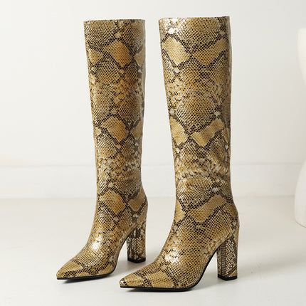 Bottes hautes à talon haut et tige haute en cuir de serpent pour femmes