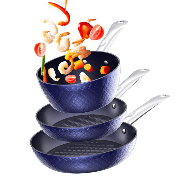 Frying Pan Sets Non Stick 3Pieces Blue 3D Diamond Cookware - Wnkrs