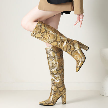 Bottes hautes à talon haut et tige haute en cuir de serpent pour femmes