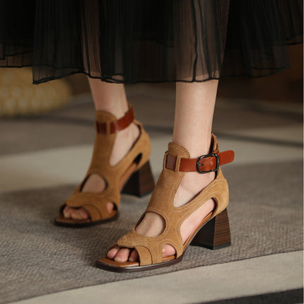Sandales gladiateur à talons hauts – Chaussures à boucle à bout ouvert en cuir véritable pour femmes