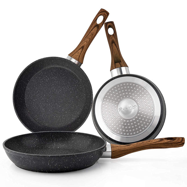 Frying Pan Set 3-Piece Nonstick Saucepan Woks Cookware Set,Heat-Resistant Ergonomic Wood Effect Bakelite Handle Design,PFOA Free - Wnkrs