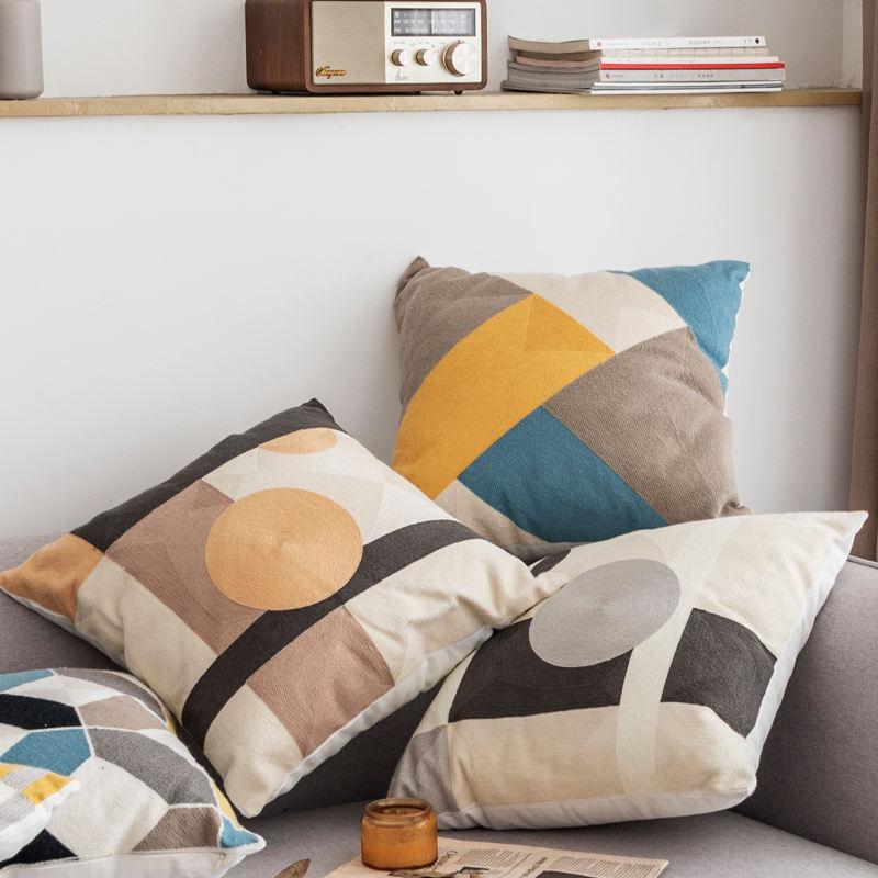 Geometric Embroidered Cotton Cushion Cover - Blue, Yellow, Grey Abstract Design