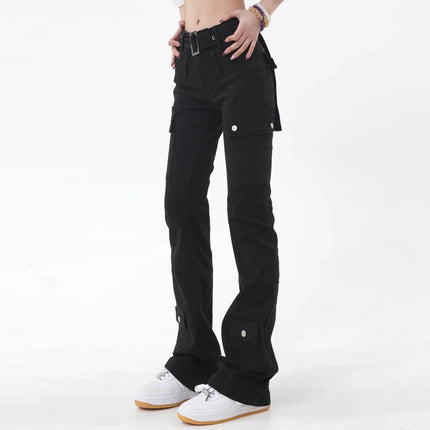 Pantalon slim évasé noir : jean femme chic à boutons de couleur unie de style américain