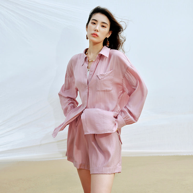 Loose Viscose-Blend Shirt or Shorts in Pink or Khaki Green