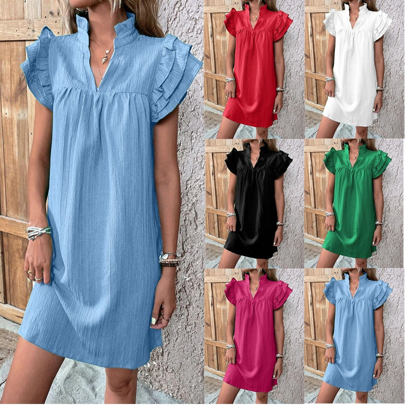 Women's Fashion Multi-layer Ruffle Sleeve V-neck Dress
