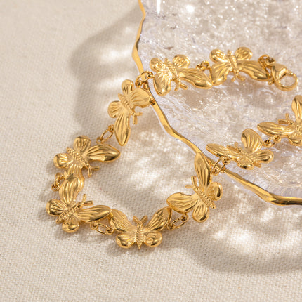 Bracelet papillon en acier inoxydable plaqué or 18 carats - Résistant à l'eau et poli finement