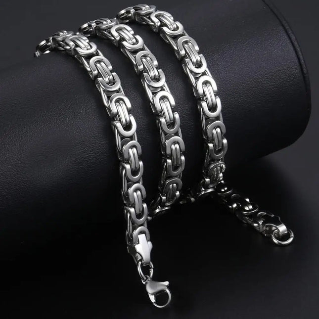 11mm Stainless Steel Flat Byzantine Link Chain Necklace - Wnkrs