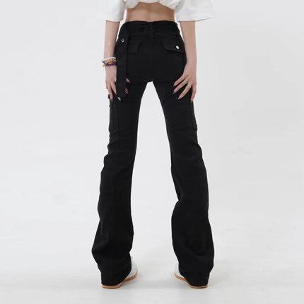 Pantalon slim évasé noir : jean femme chic à boutons de couleur unie de style américain