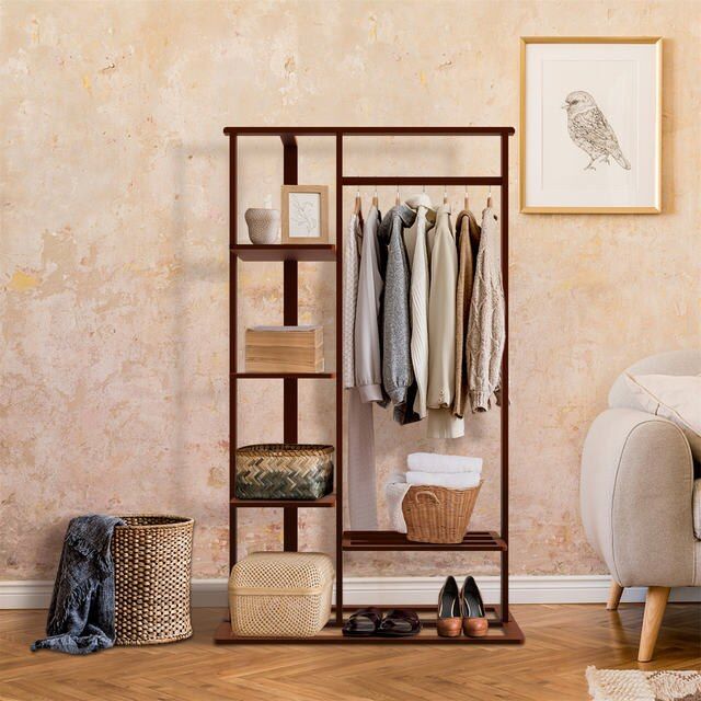 3-in-1 Bamboo Hall Tree, Clothes Rack with Shelves & Shoe Bench