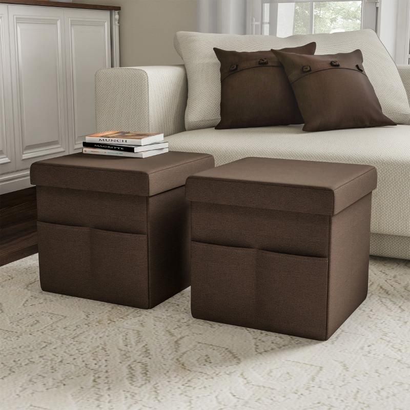 2-Pack Square Foldable Storage Ottoman with Pockets