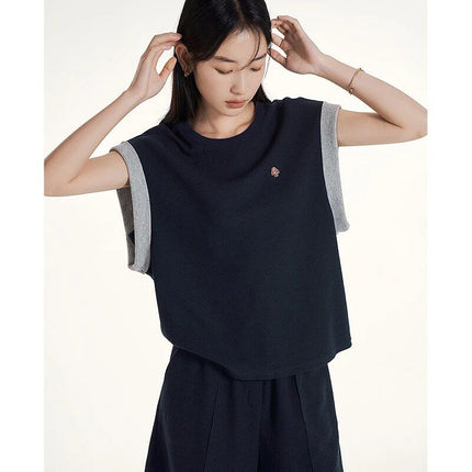 Summer Sleeveless Round Neck Chic Casual Navy Top - Wnkrs