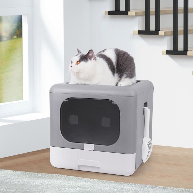 Foldable Top-Entry Cat Litter Box with Odor-Control Filter & Scoop Drawer