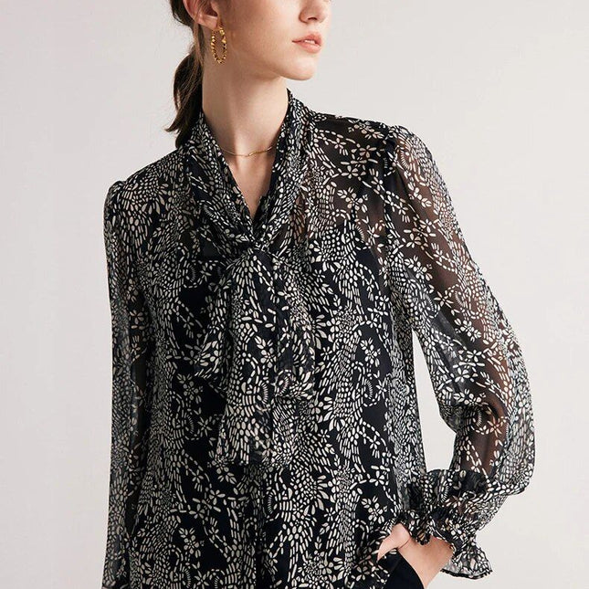 Elegant Black Printed Silk Blouse with Bow Collar - Wnkrs