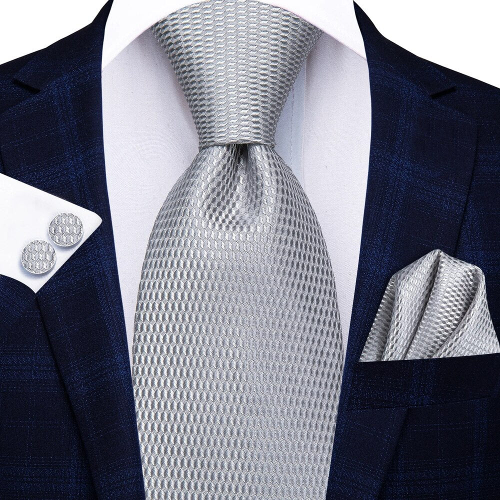 Grey Plaid Silk Necktie Set for Men