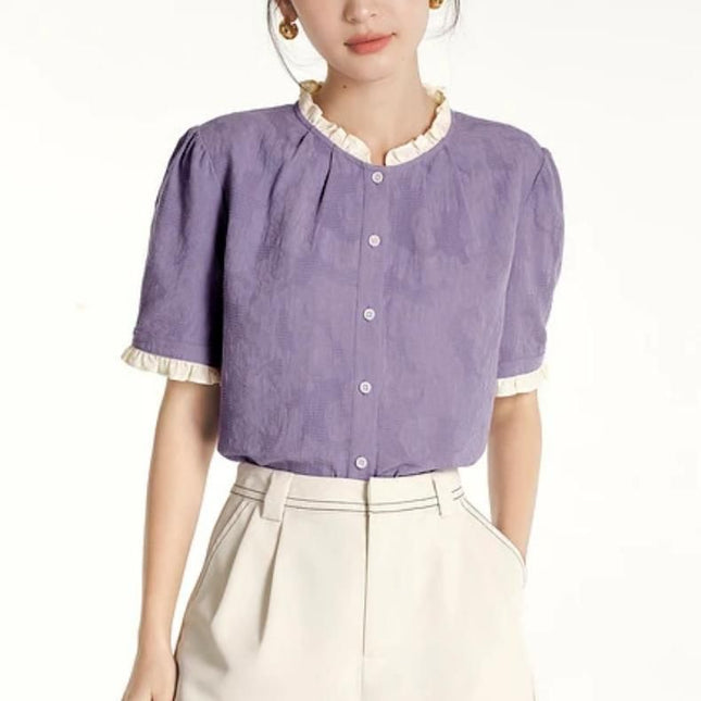 Summer Puff Sleeve Lace Neckline Blouse - Wnkrs