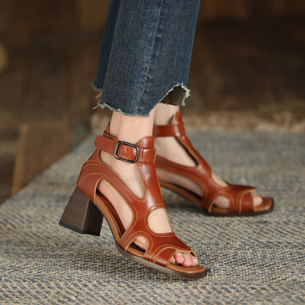 Sandales gladiateur à talons hauts – Chaussures à boucle à bout ouvert en cuir véritable pour femmes