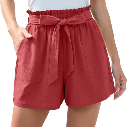 Short à volants tendance avec nœud à la taille et pantalon de plage d'été avec poches, vêtements pour femmes