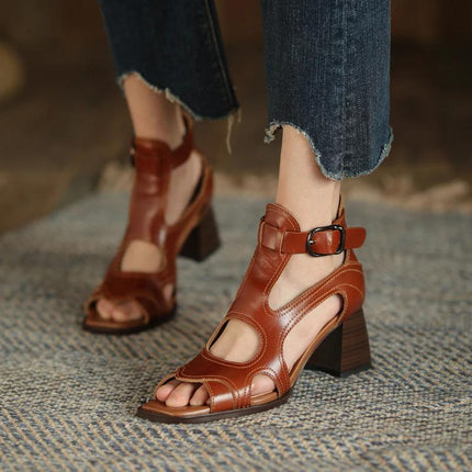 Sandales gladiateur à talons hauts – Chaussures à boucle à bout ouvert en cuir véritable pour femmes