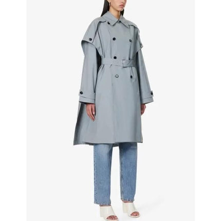 Gray Blue Bat Sleeve Trench Coat with Double Breasted Design - Wnkrs
