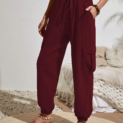 Nouvelle salopette à cordon de serrage avec poches, pantalon d'été cool, décontracté, polyvalent, couleur unie, pantalon skinny, vêtements pour femmes