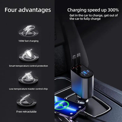 High-Speed 4-in-1 Retractable Car Charger with Dual USB, Type-C & Lightning Cables - Wnkrs